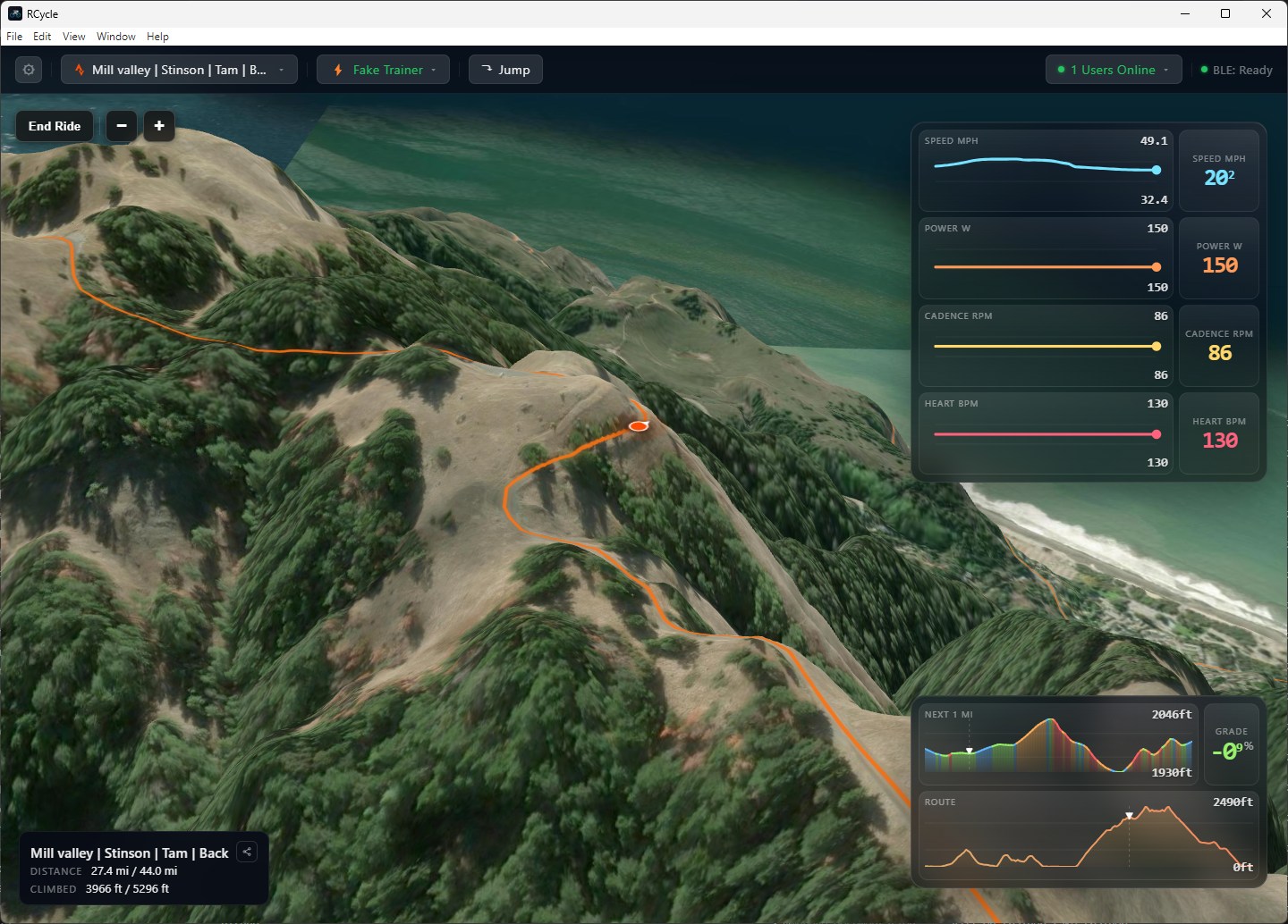 RCycle app showing a real-world route ride