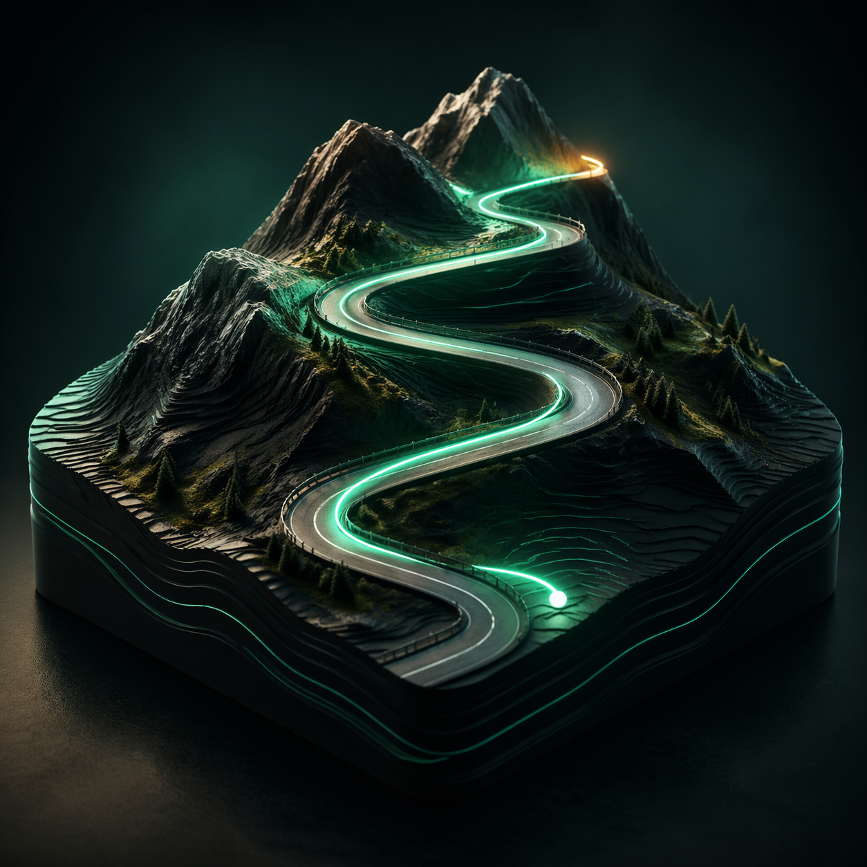 Topographic route visual showing climbing terrain and a highlighted road