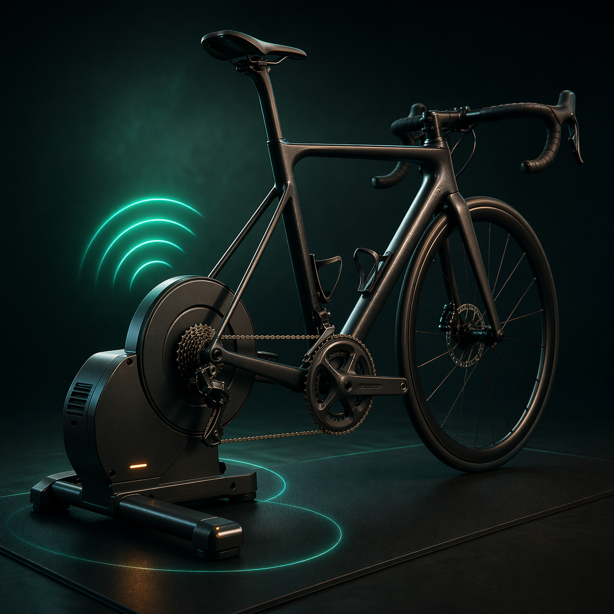 Road bike mounted on a smart trainer with Bluetooth connectivity glow
