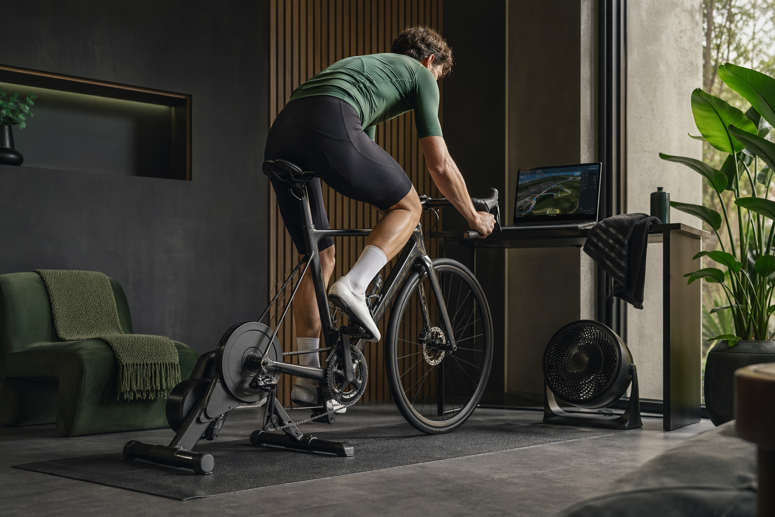 Cyclist riding a road bike on an indoor smart trainer